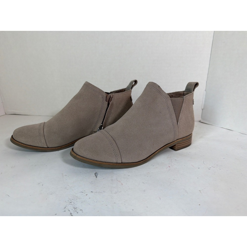 TOMS Marina Taupe Suede Cap Toe Ankle Boots Low Block Heel Side Zip Womens 7